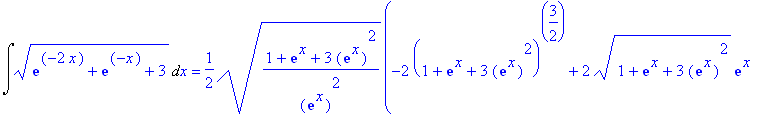 Int((exp(-2*x)+exp(-x)+3)^(1/2),x) = 1/2*((1+exp(x)+3*exp(x)^2)/exp(x)^2)^(1/2)*(-2*(1+exp(x)+3*exp(x)^2)^(3/2)+2*(1+exp(x)+3*exp(x)^2)^(1/2)*exp(x)+2*3^(1/2)*arcsinh(1/11*11^(1/2)*(1+6*exp(x)))*exp(x)...