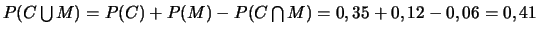 $P(C \bigcup M)=
P(C)+P(M)-P(C \bigcap M)=0,35+0,12-0,06\\
=0,41$