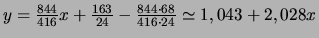 $y=\frac{844}{416}x+\frac{163}{24}-\frac{844\cdot 68}{416\cdot 24}\simeq 1,043+2,028x$