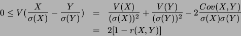 \begin{eqnarray*}
0 \leq V(\frac{X}{\sigma(X)}- \frac{Y}{\sigma(Y)})&=&
\frac{...
...)^2}-2\frac{Cov(X,Y)}
{\sigma(X) \sigma(Y)}\\
&=&2[1-r(X,Y)]
\end{eqnarray*}