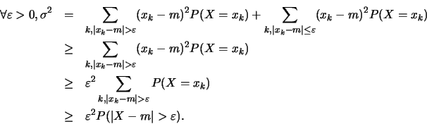 \begin{eqnarray*}\forall \varepsilon >0,
\sigma^2 & = & \sum_{k,\vert x_k-m\ve...
...x_k) \\
& \geq & \varepsilon^2 P(\vert X-m\vert>\varepsilon).
\end{eqnarray*}