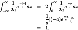 \begin{eqnarray*}
\int_{-\infty}^{\infty}
\frac{1}{2a} e^{\frac{-\vert x\vert}...
...& \frac{1}{a} [
(-a) e^{\frac{-x}{a}}]_{0}^{\infty}\\
&=&1.
\end{eqnarray*}